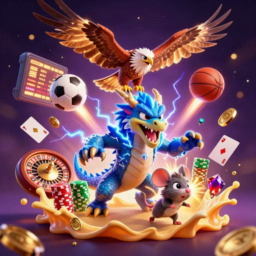 Thunder dragon, hawk, and mouse burst through casino sports effects with roulette, chips, and coins.