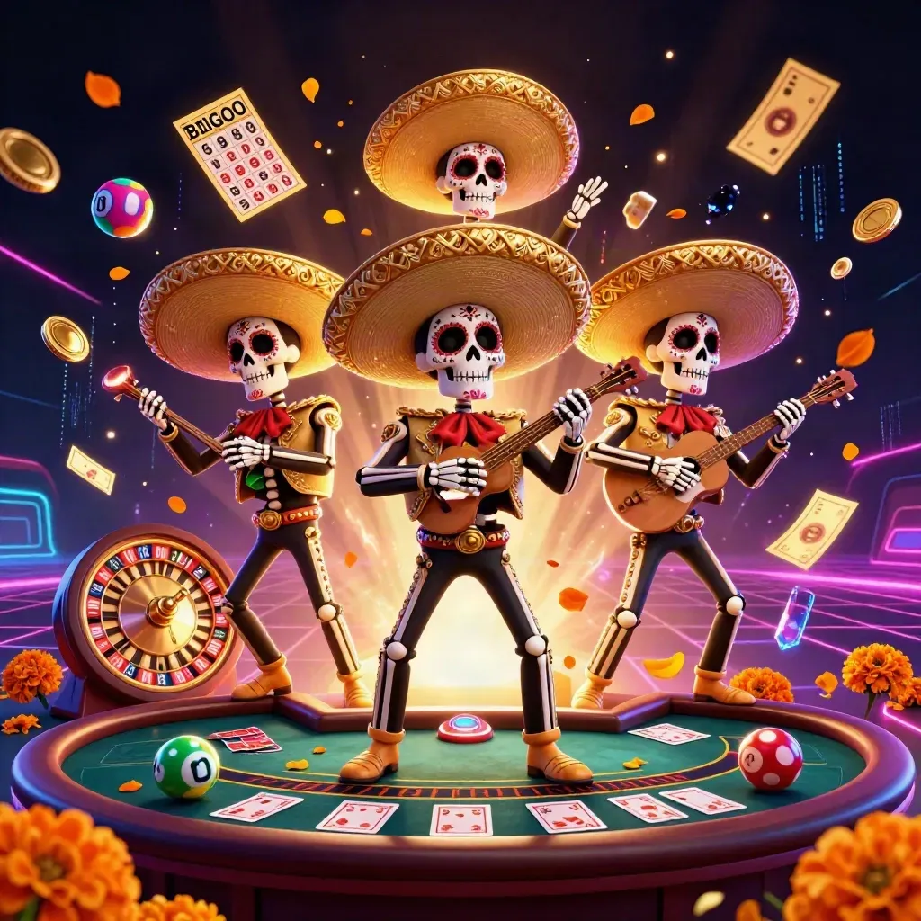 Mariachi skeleton trio with roulette glow, lottery balls, and luxe casino energy