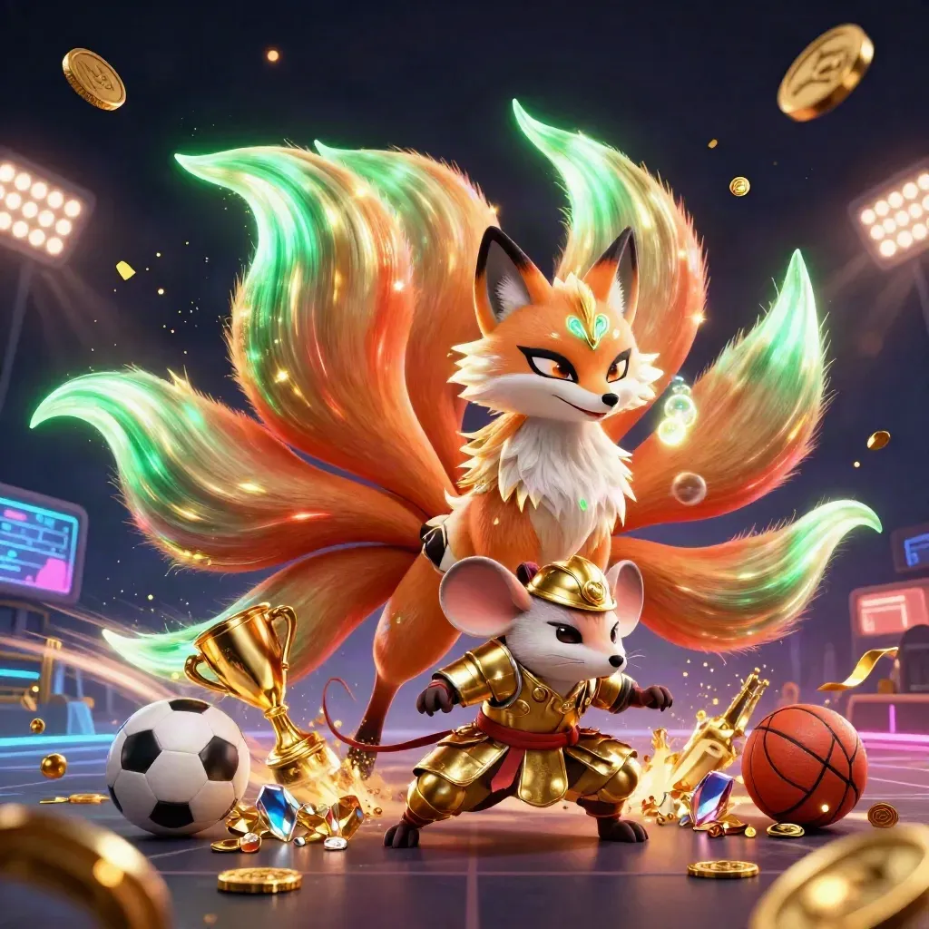 Neon fox spirit and armored mouse burst with sports balls, coins, and a trophy in casino glow.