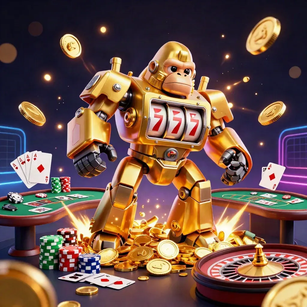 Golden gorilla mech with monkey pilot amid roulette, poker chips, cards, and treasure explosion