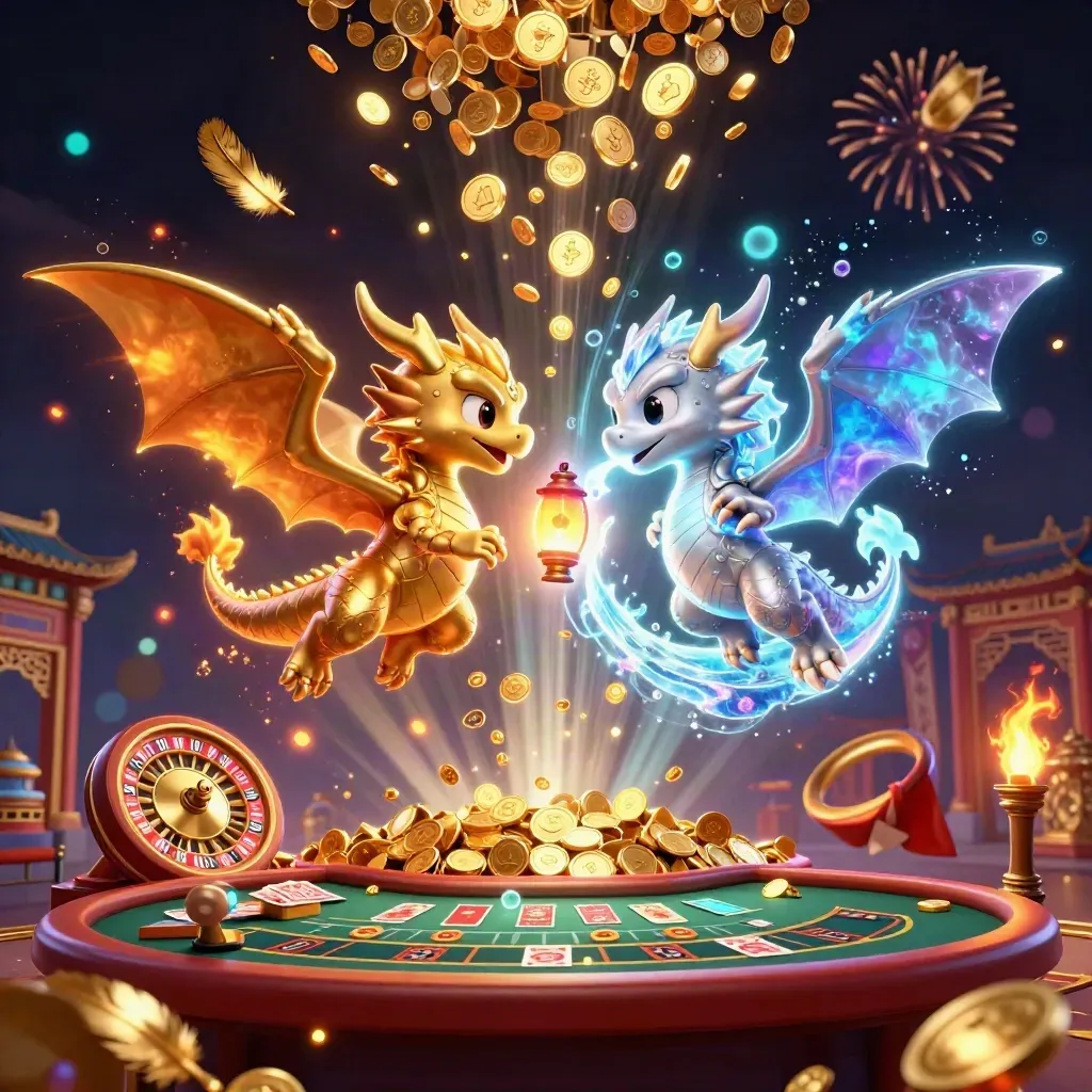 Gold and silver dragons swirl around a jackpot burst, roulette wheel, cards, and glowing temple scene.
