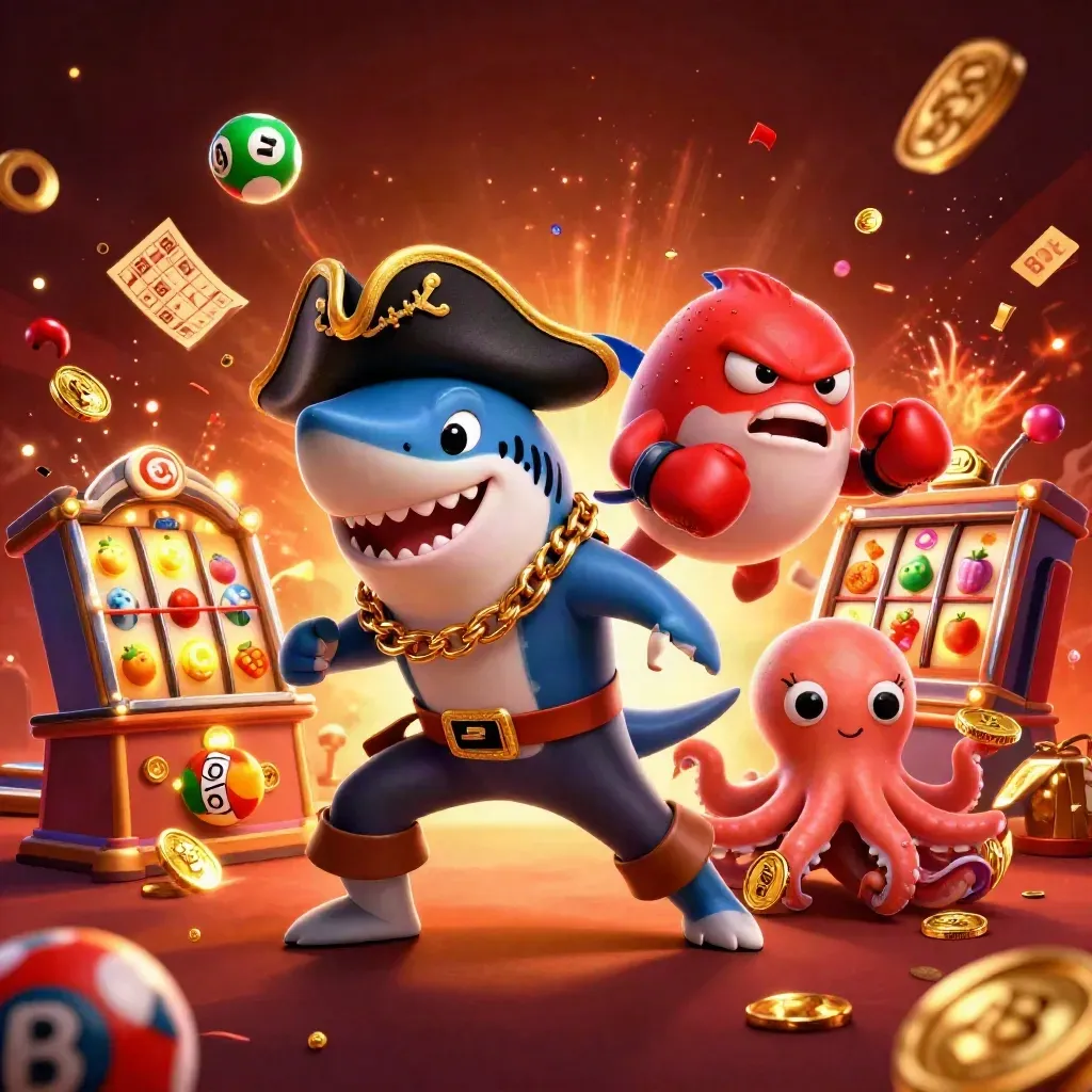 Pirate shark, boxing pufferfish, and coin-juggling octopus amid casino jackpots and glowing effects.